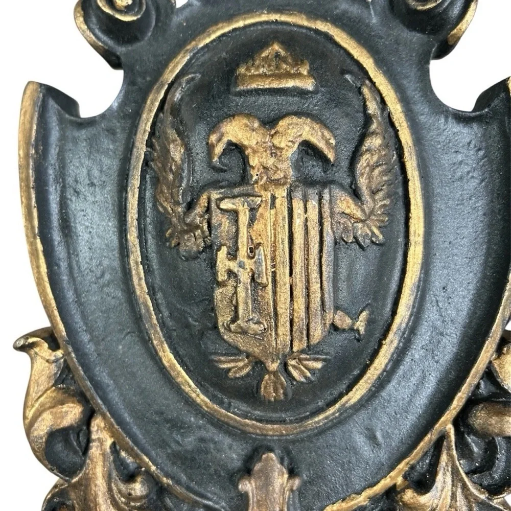 Pair Heraldic Wall Plaques Crown Shield Resin Composite Gothic Style Vintage
